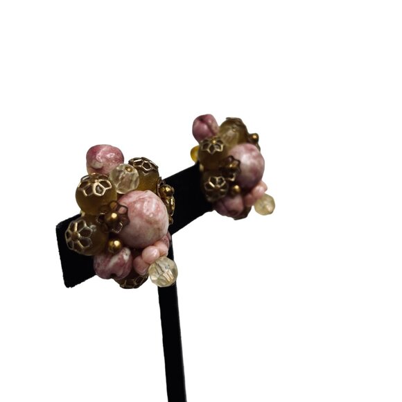 Hobe Lavender, Green And Filigree Bead Cluster Clip On Earrings Signed (5226) - Picture 3 of 5